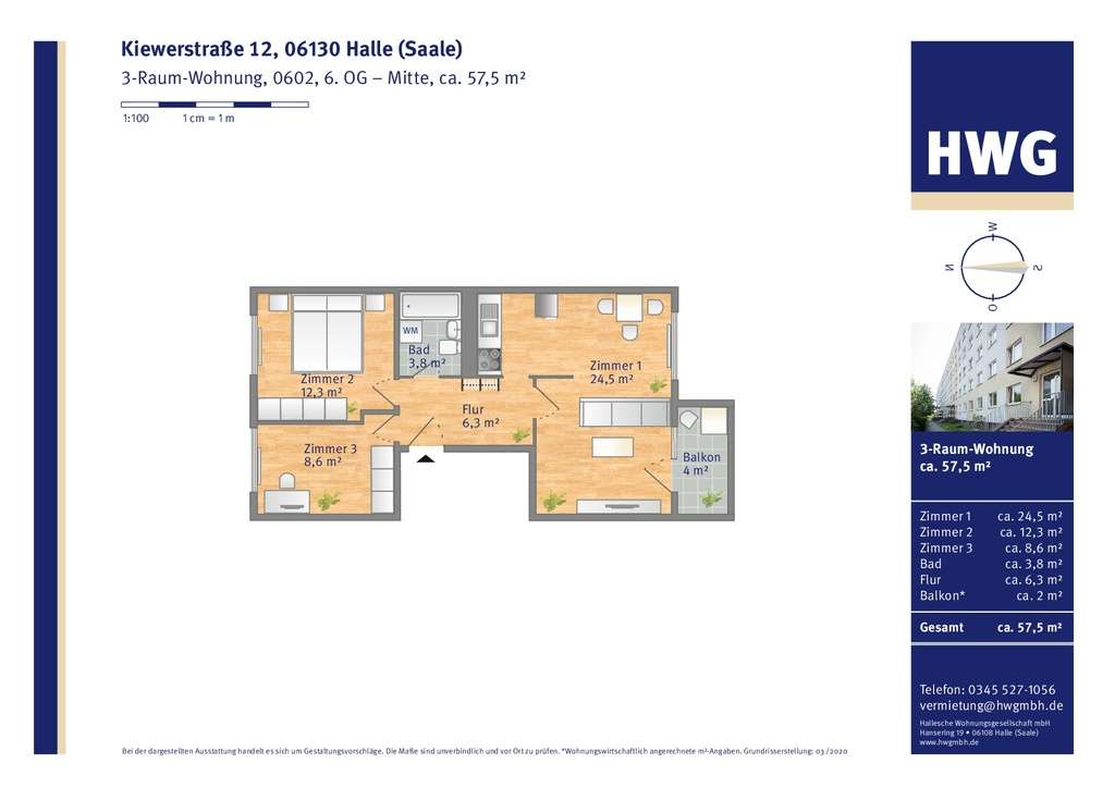 Thumbnail-Wohnung zum Mieten in Halle 398,00 € 56.86 m²