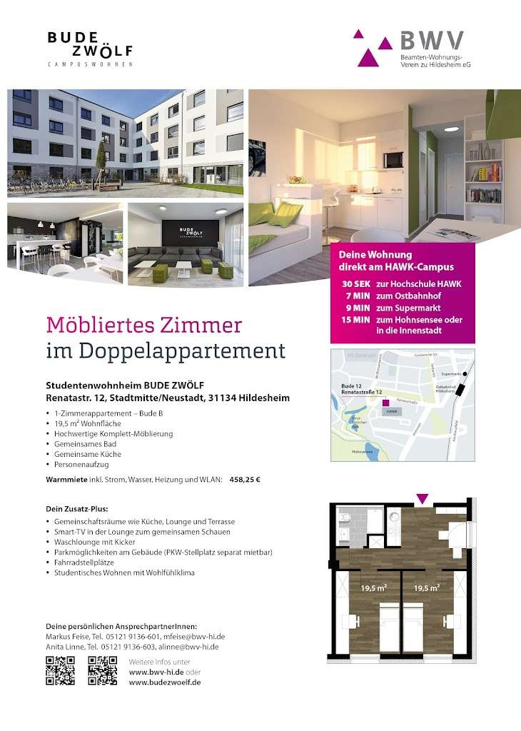 Thumbnail-Wohnung zum Mieten in Hildesheim 458,25 € 19.5 m²