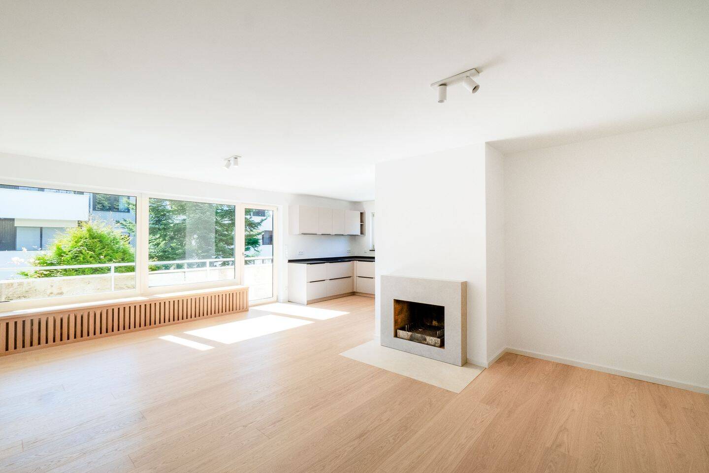 Moderner Wohn-Essbereich mit Kamin und Balkon.