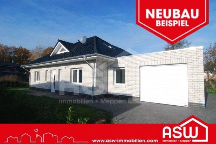 Thumbnail-Musterhaus! Weißer Neubaubungalow in ruhiger Sackgassenlage mit Blick auf einen Grünstreifen!
