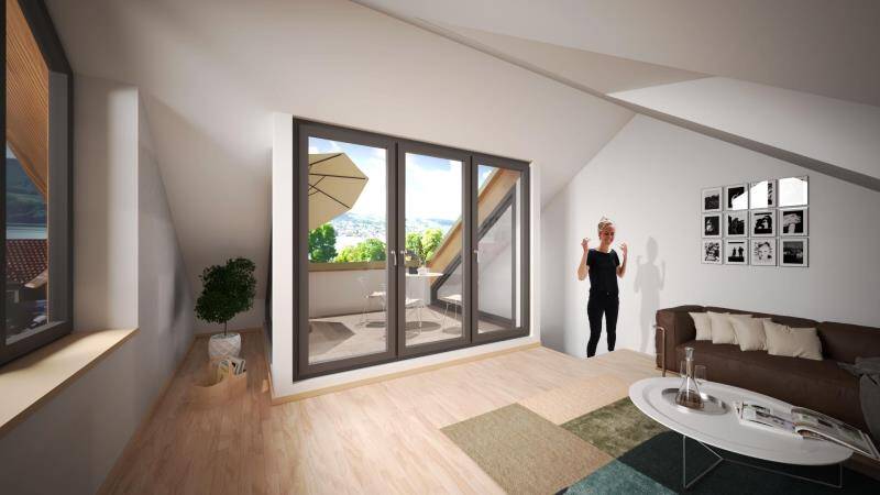 Thumbnail-Seesicht Neubau Galeriewohnung mit Südbalkon + Dachterrasse 3½ Zimmer Energiestandard A+