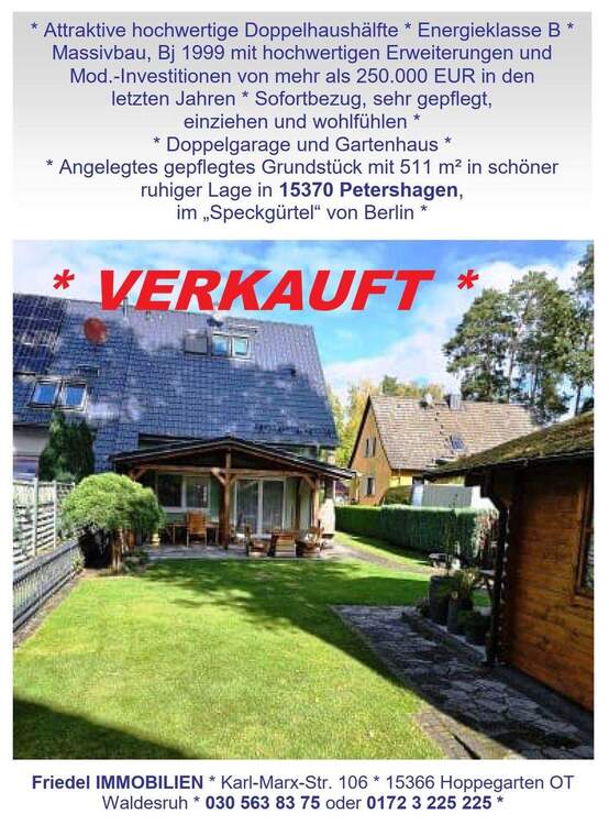 Thumbnail-* VERKAUFT * Hochwertige Doppelhaushälfte 15370 Petershagen, 250.000 Mod.-Invest in den letzten Jahren * Friedel-IMMO *