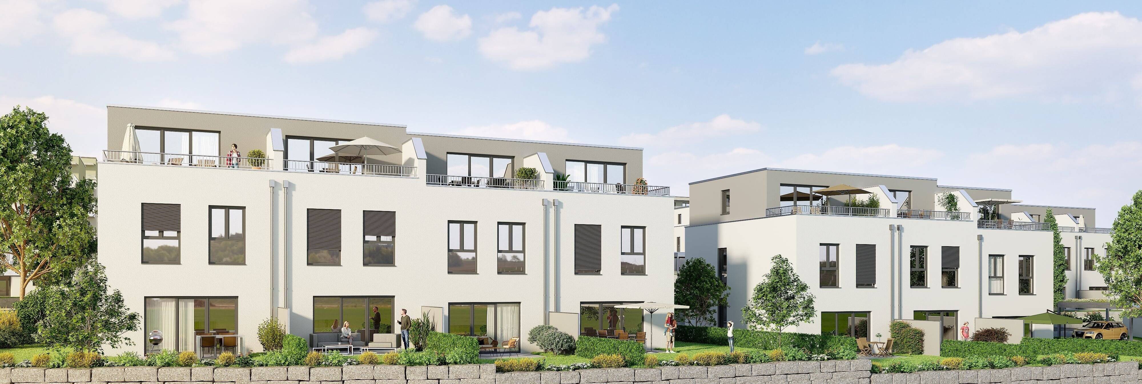 Südansicht mit Garten und Dachterrasse