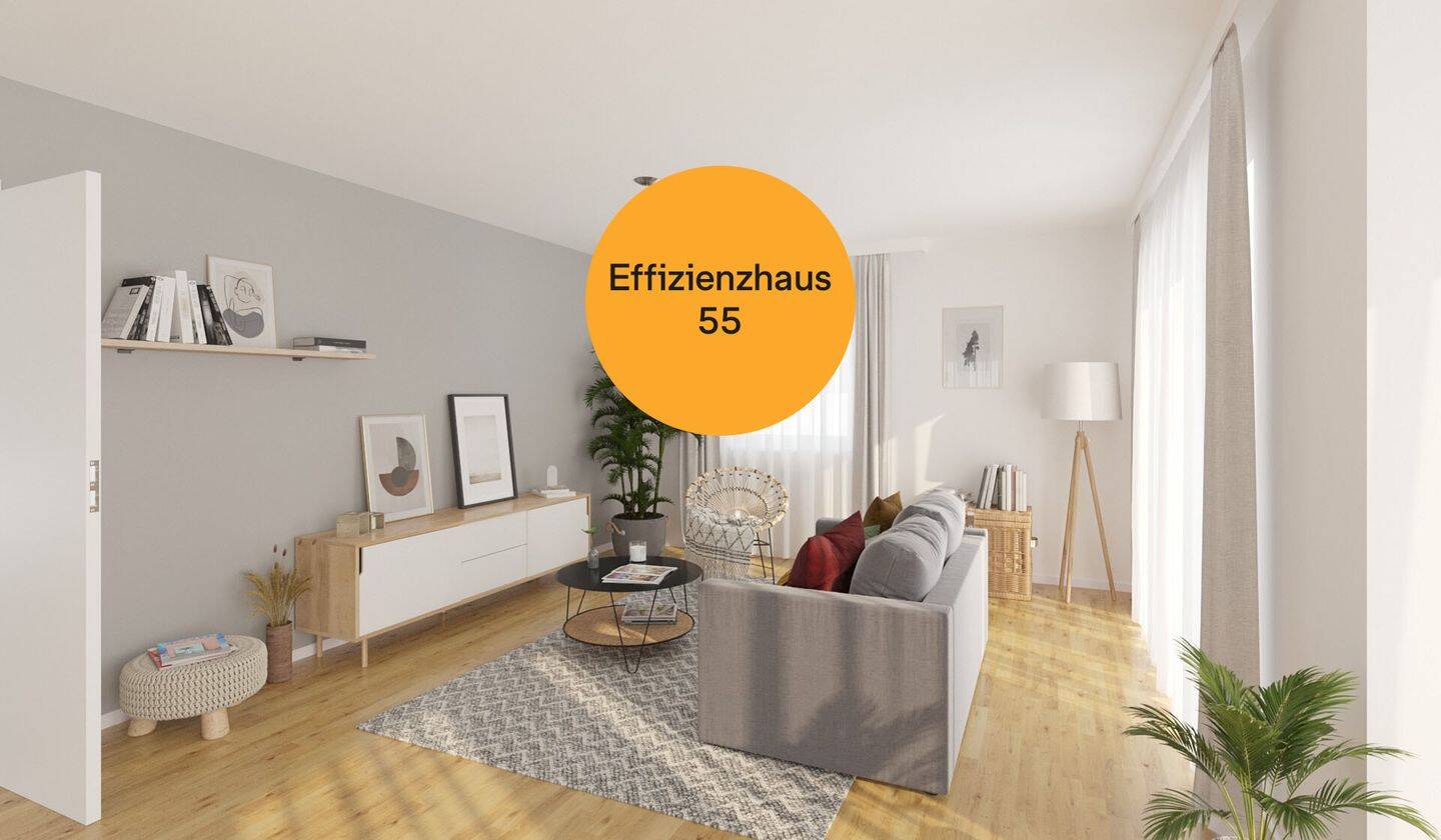 Das Wohnzimmer wird durch bodentiefe Fenster hell erleuchtet