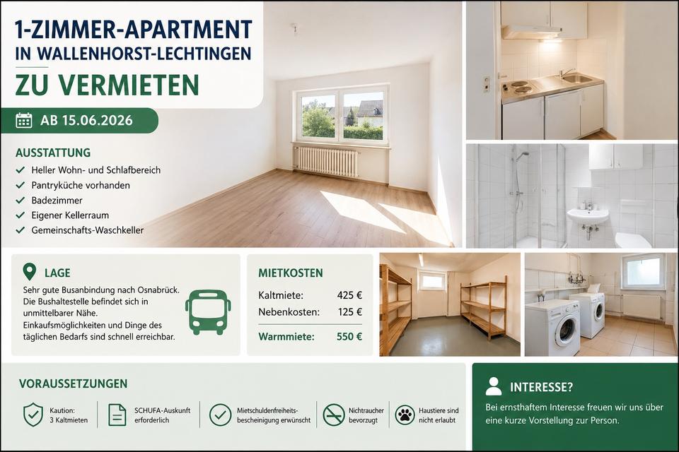 Thumbnail-Schönes 1-Zimmer-Apartment in Wallenhorst-Lechtingen zu vermieten