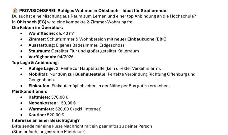 Thumbnail-Vermietung einer Studentenwohnung mit 40m² in Ohlsbach