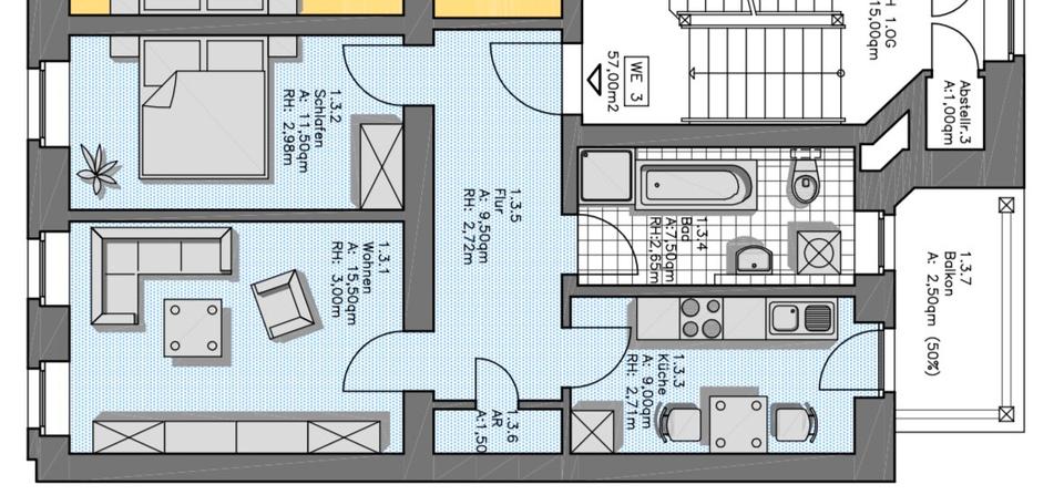 Thumbnail-2,5 Zimmer | günstige 57qm mit Balkon, EBK, Tageslichtbad, 1. OG