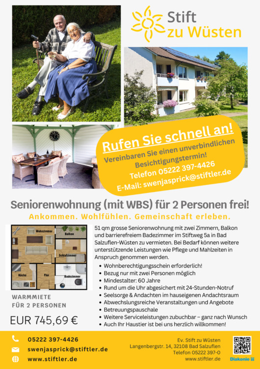 Thumbnail-Seniorenwohnung (mit WBS) im Stift zu Wüsten für 2 Personen frei!
