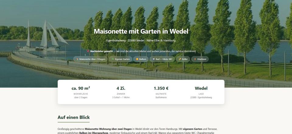 Thumbnail-Wedel: 4-Zi.-Maisonette mit Garten & Balkon — Nachmieter ges.