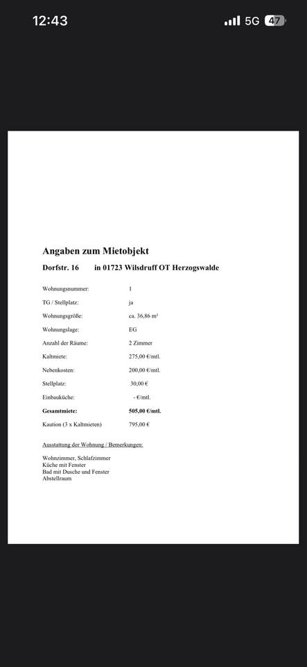 Thumbnail-1,5 Raumwohnung in Herzogswalde zu vermieten