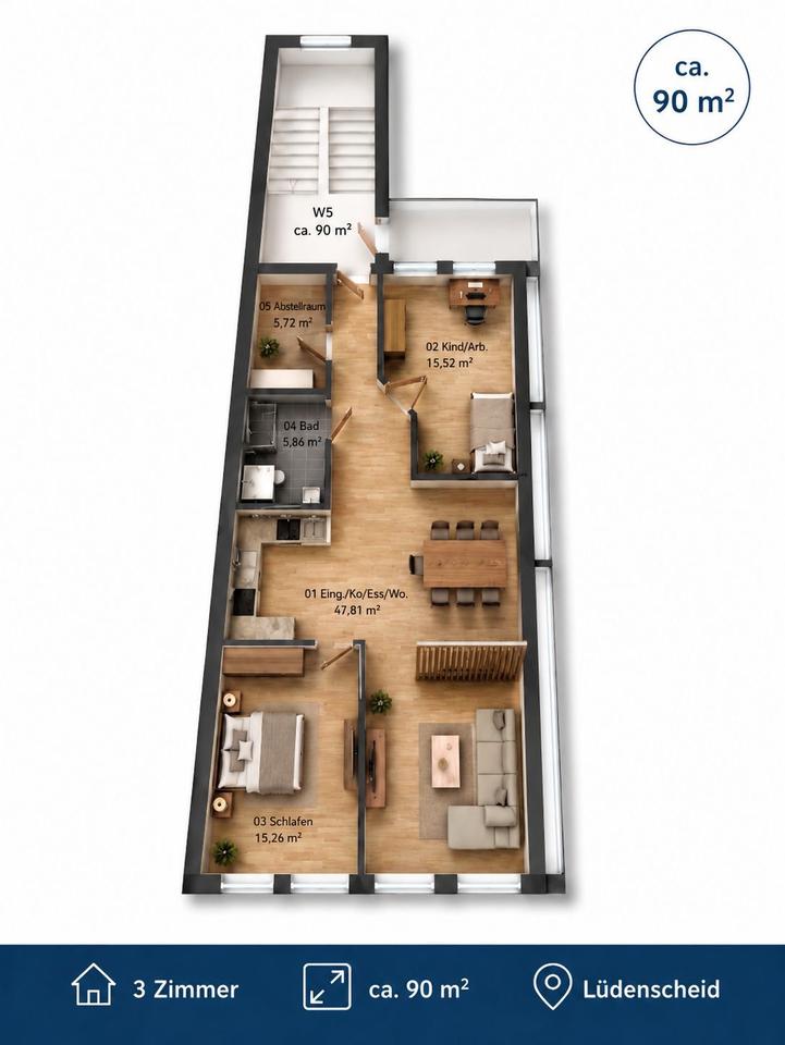 Thumbnail-Moderne 3-Zimmer Wohnung, 90 qm, kernsaniert