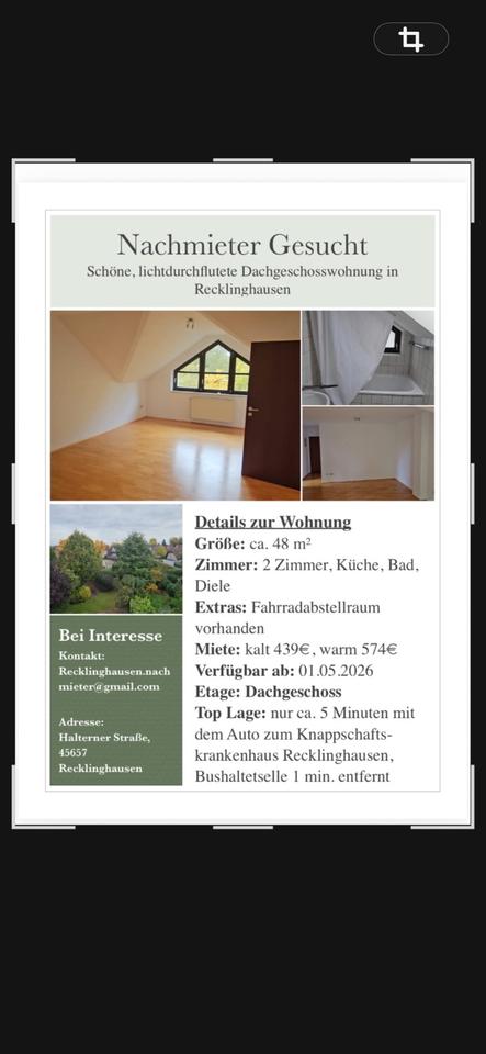 Thumbnail-DG Wohnung 48 qm Recklinghausen 01.05.2026 Top Lage! Nachmieter