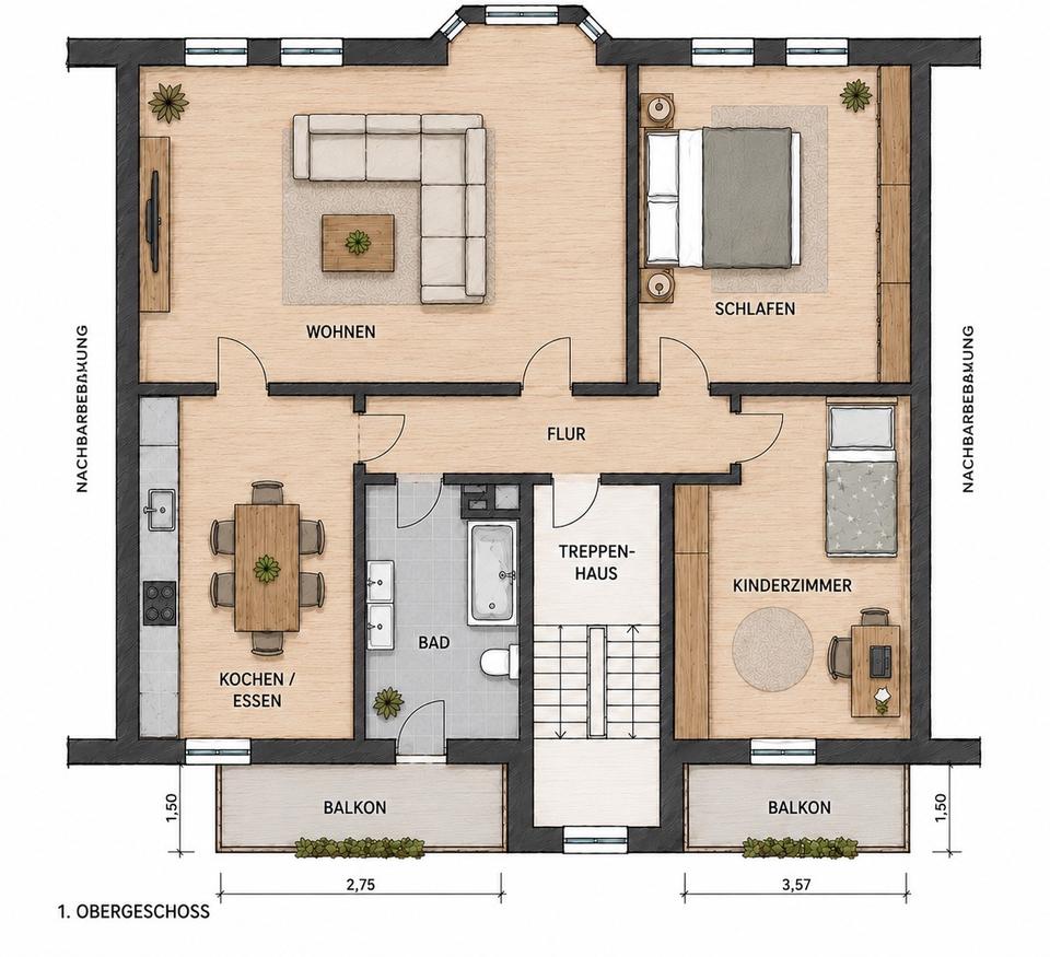 Thumbnail-3-Zimmer-Wohnung mit 2 Balkonen im 1. OG zu vermieten