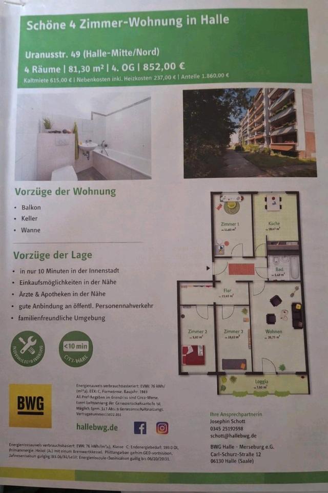 Thumbnail-4-Raum | 81 m² | Balkon | 852€ warm | ab 01.07. | Halle