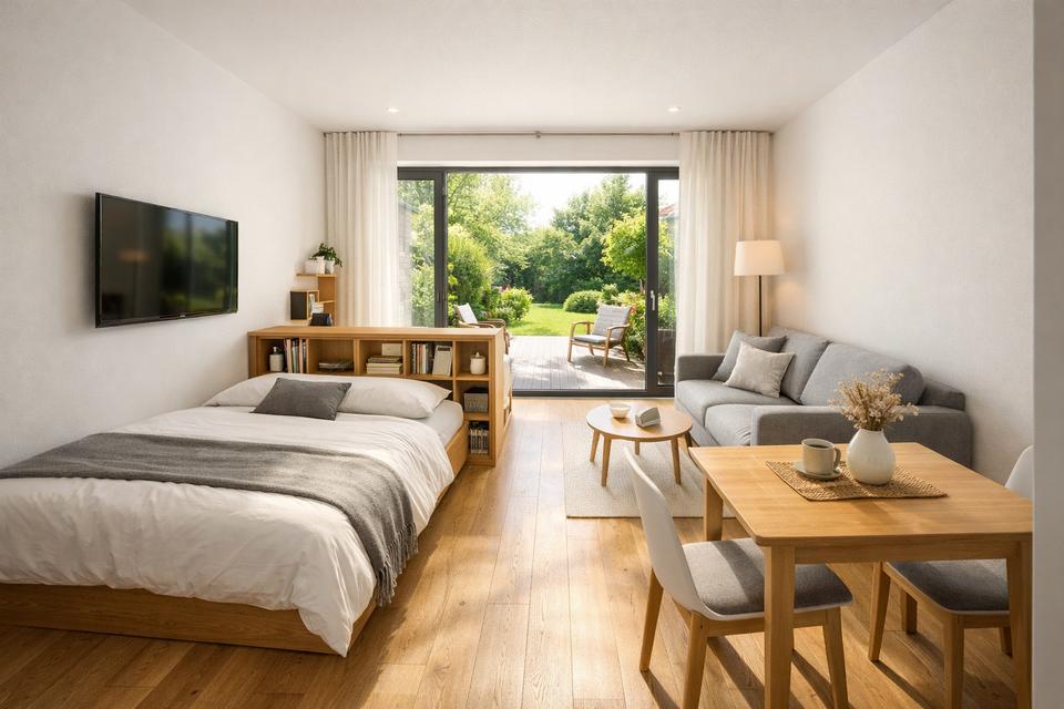 Thumbnail-Charmantes 1-Zimmer Neubau-Studio mit eigenem Gartenanteil und Terrasse in gefragter Lage