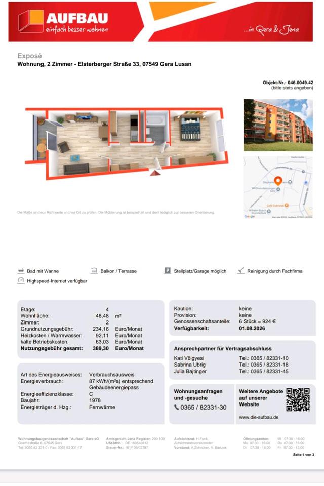 Thumbnail-Helle 2 Raum Wohnung mit Balkon in Gera Lusan ab 01.07.26