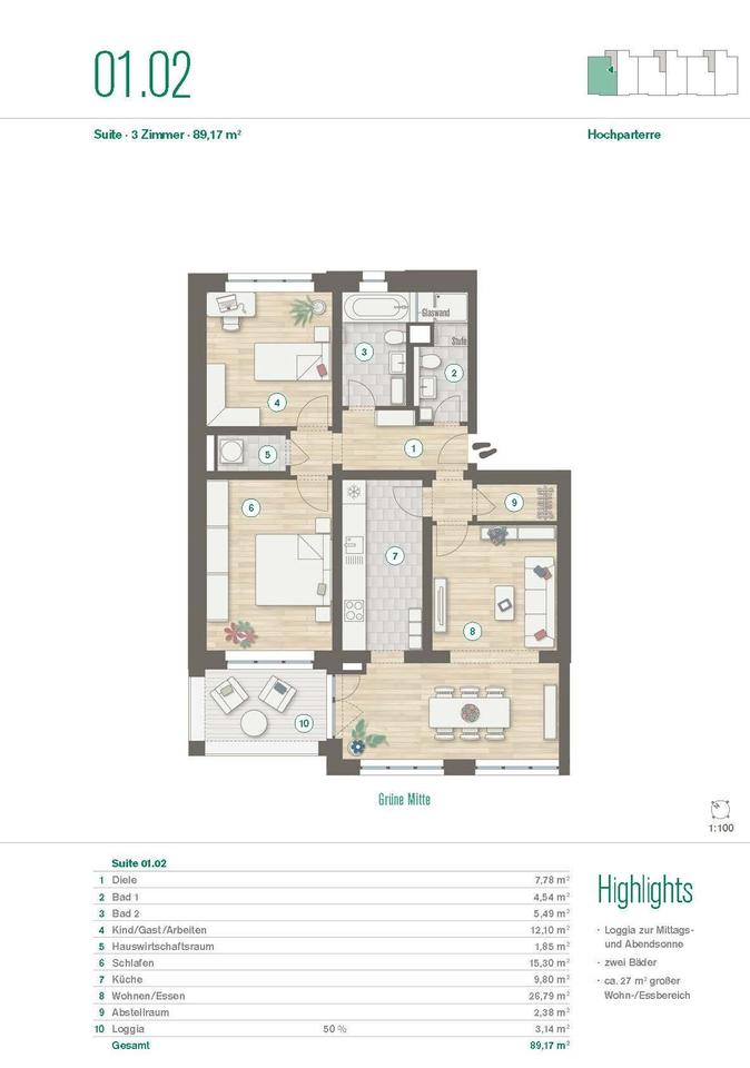 Thumbnail-3-Zimmer Suite mit EBK und Balkon - Wohnen im Olympischen Dorf WE 01.02