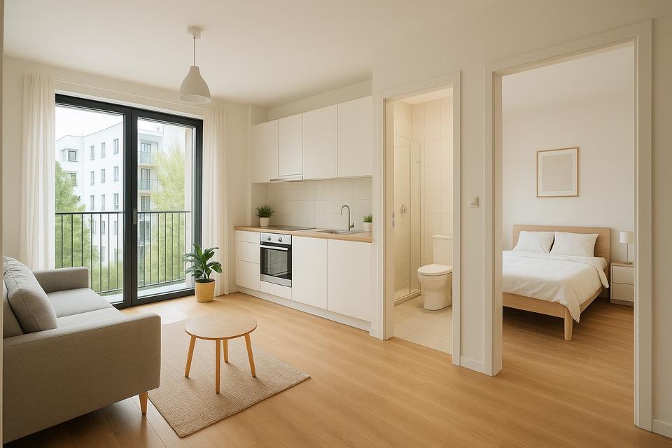 Thumbnail-Offene Wohnraumgestaltung mit Balkon und Nebenräumen