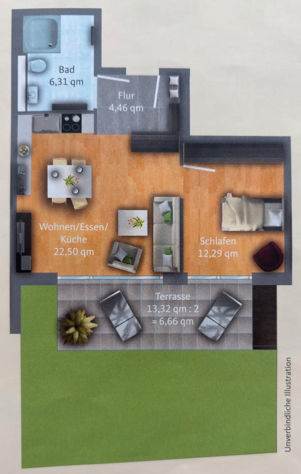 Thumbnail-2-Zi Wohnung, 52m², EG mit Terrasse und Garten, kl. Wohneinheit