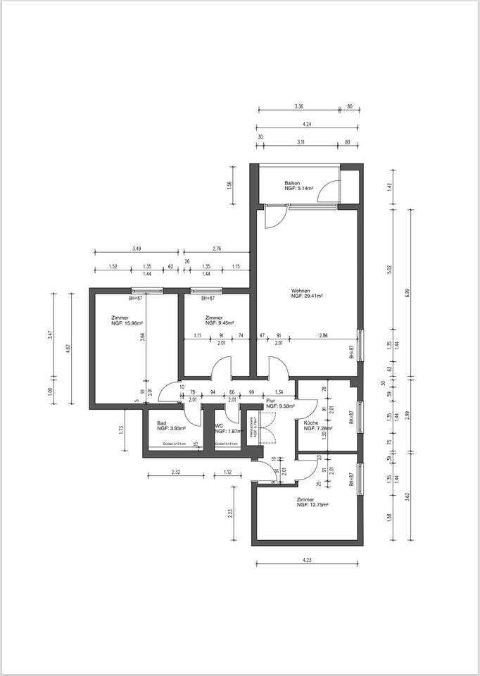 Thumbnail-4-Zimmer Wohnung, 95 m², 2. OG, Erstbezug nach Sanierung, Balkon