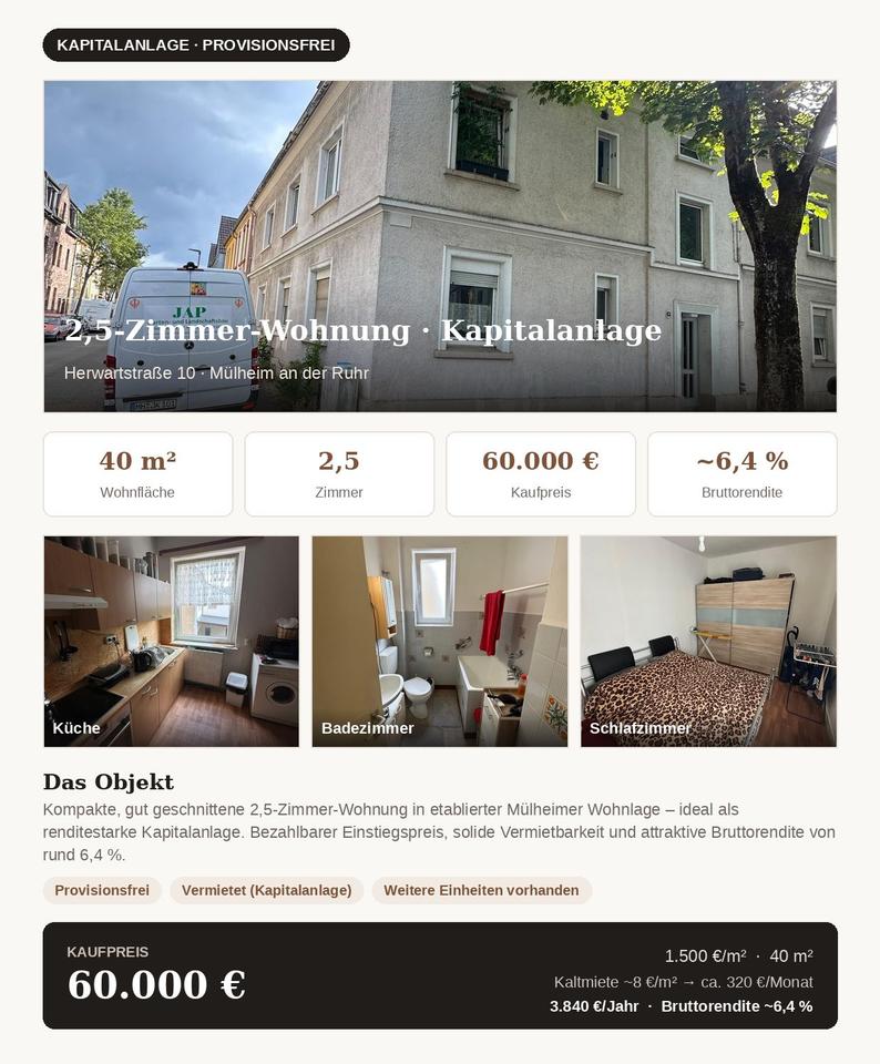Thumbnail-Kapitalanlage Mülheim · 2,5-Zi. · 60.000 € · ~ 6,4 % Rendite
