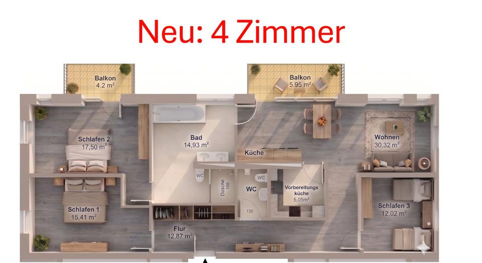 Thumbnail-Elegantes Wohnen: 121m² 4-Zimmer-Wohnung, Home-Office, Klima-Decke & 2 Balkonen