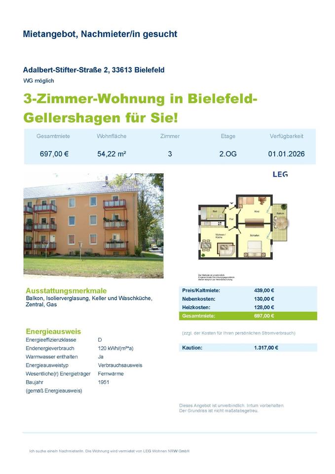 Thumbnail-3-Zimmer Wohnung in Bielefeld Gellershagen