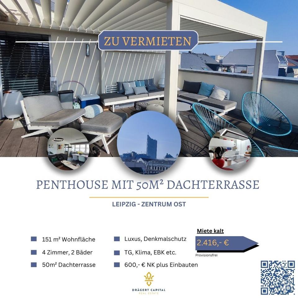 Thumbnail-Exklusives Penthouse zur Miete – Luxus, Design & Geschichte über den Dächern von Leipzig ( EBK, Stellplatz, Klima, große Dachterrasse...)