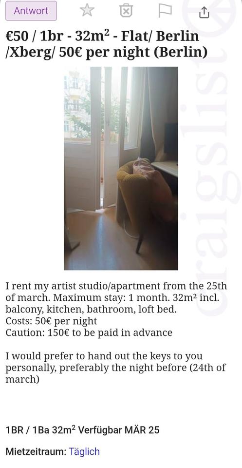 Thumbnail-1-Zimmer Wohnung Berlin Xberg 50€Tag