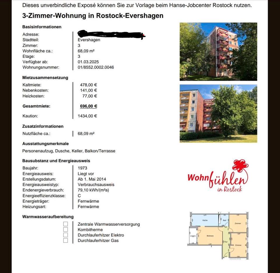 Thumbnail-Nachmieter 3 Raumwohnung Evershagen