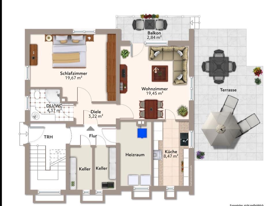 Thumbnail-2 Zimmer-Wohnung mit großer Terrasse & Balkon (UG, ca. 60 m²)
