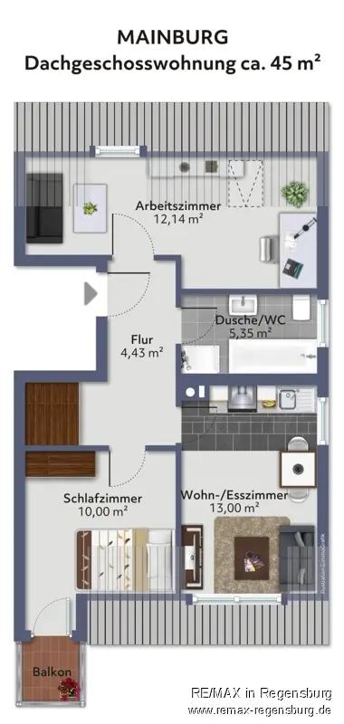 Thumbnail-2 Zimmer Dachgeschosswohnung 55qm mit Einbauküche sofort bezugsfr