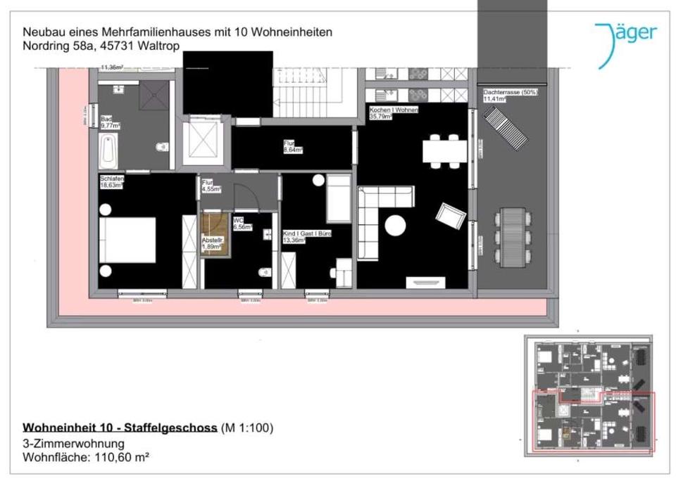 Thumbnail-Erstbezug! Exklusive 3-Zimmer-Penthousewohnung mit Dachterrasse & Gäste-Bad in Waltrop-Zentrum
