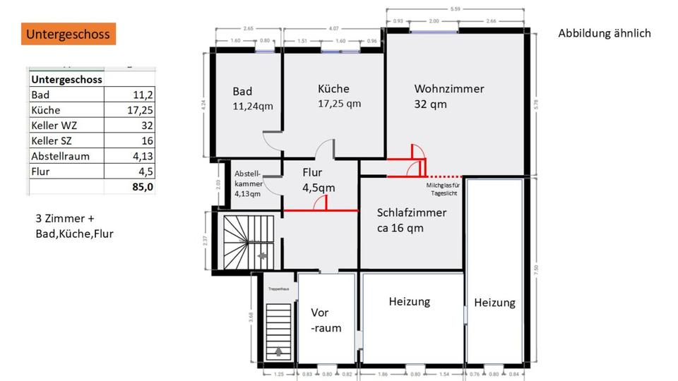Thumbnail-Souterrain Wohnung: 2 Zimmer +Küche, Bad 85qm 600 EUR Kalt