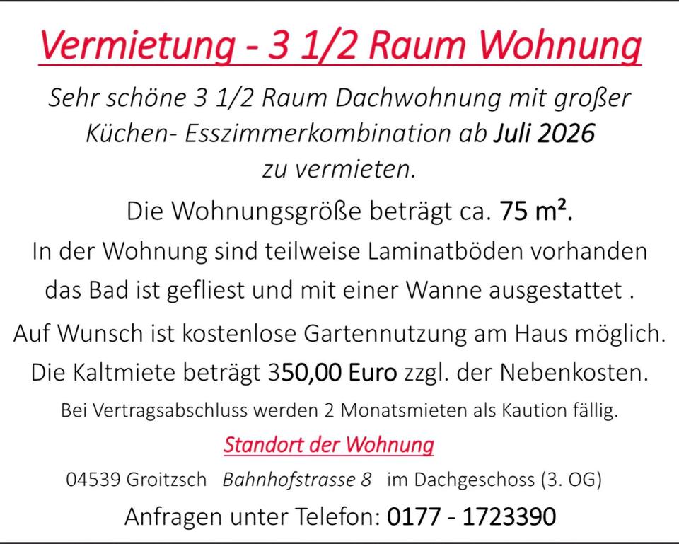 Thumbnail-Wohnung zu vermieten 3,5 Raum in Groitzsch