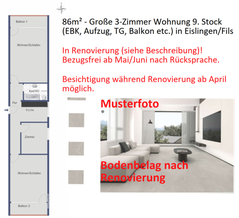 Thumbnail-3-Zi. Wohnung 86m² +EBK, 2 Balkone, TG, Aufzüge (In Renovierung)