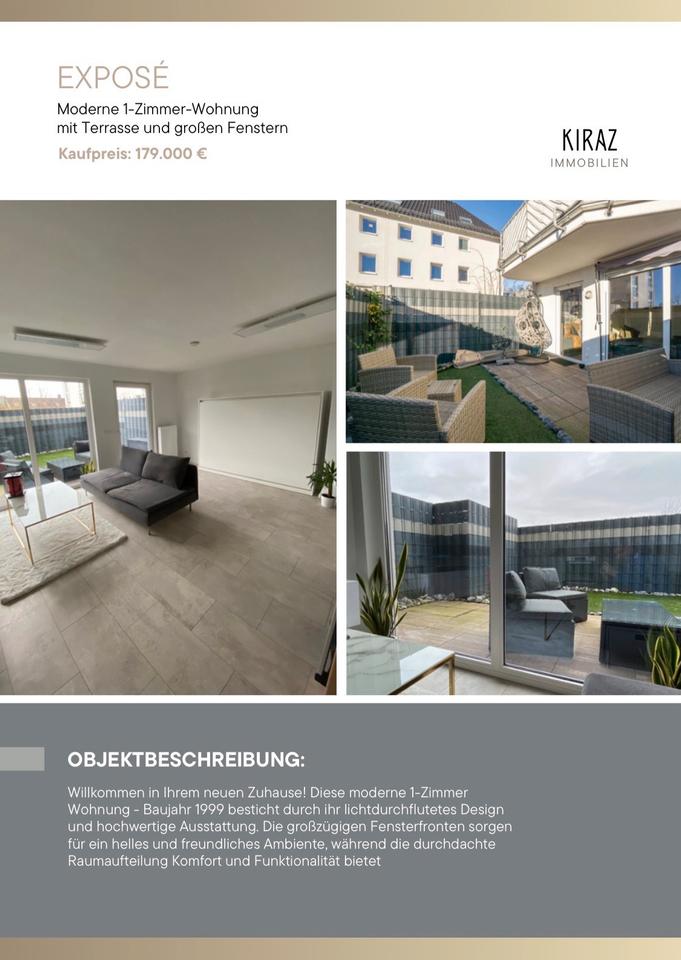 Thumbnail-Moderne 1-Zimmer-Wohnung mit Terrasse und großen Fenstern