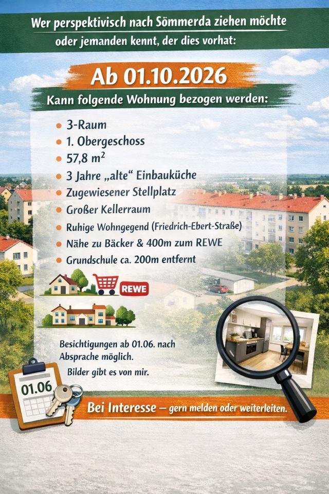 Thumbnail-3-Raum-Wohnung in Sömmerda ab 01.10.2026 zu vermieten