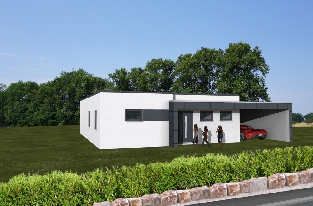 3D-2-Bungalow- Flachdach mit Carport_3D